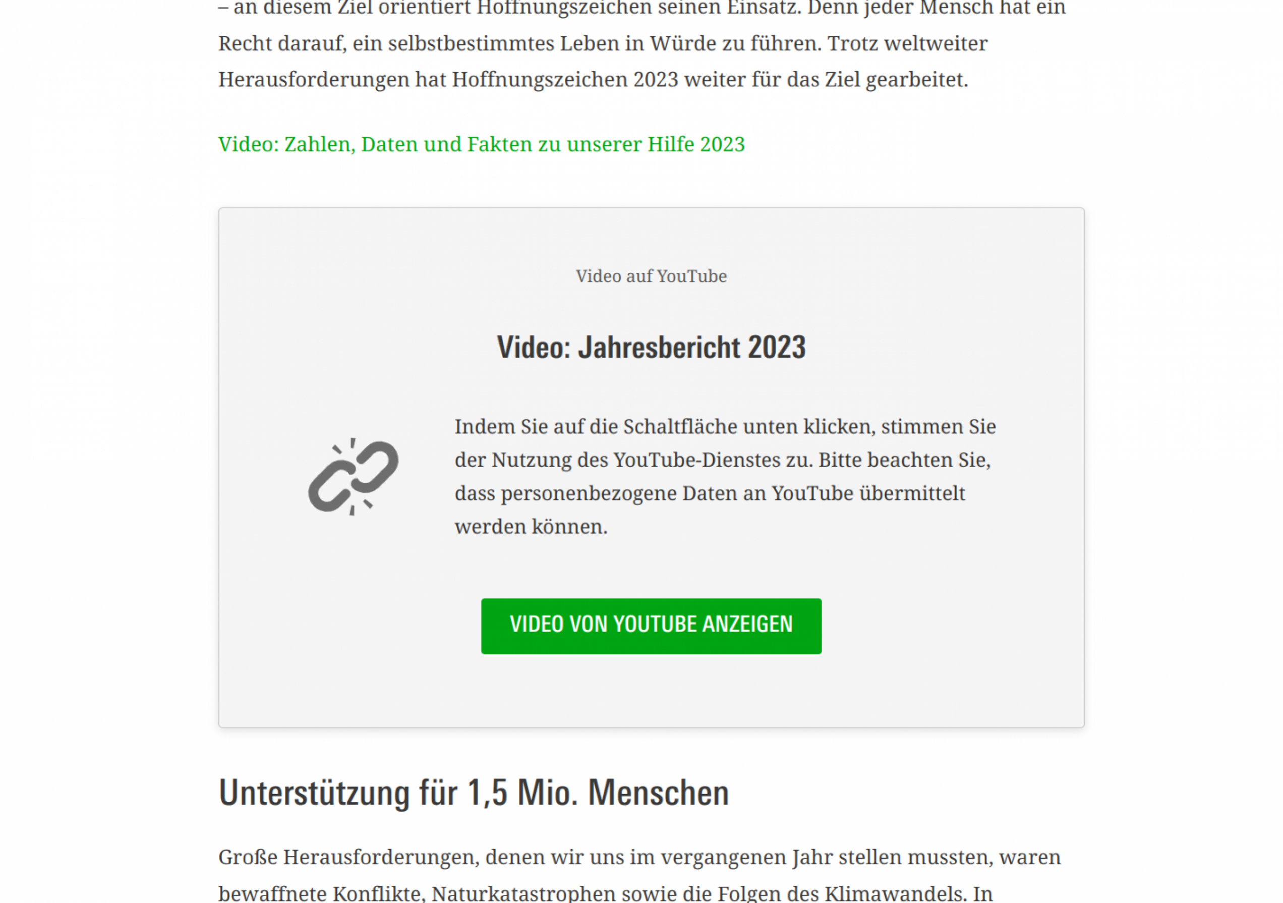 Screenshot der Seite "Jahresbericht" von Hoffnungszeichen mit einem DSGVO-konformen Teaser für Inhalte von YouTube