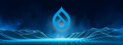 Drupal Logo rising above digitalized mountains